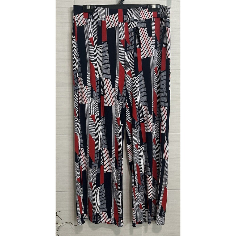 Roz & Ali Red White Blue Geometric Abstract Artsy Wide Leg Crop Palazzo Pants Lg